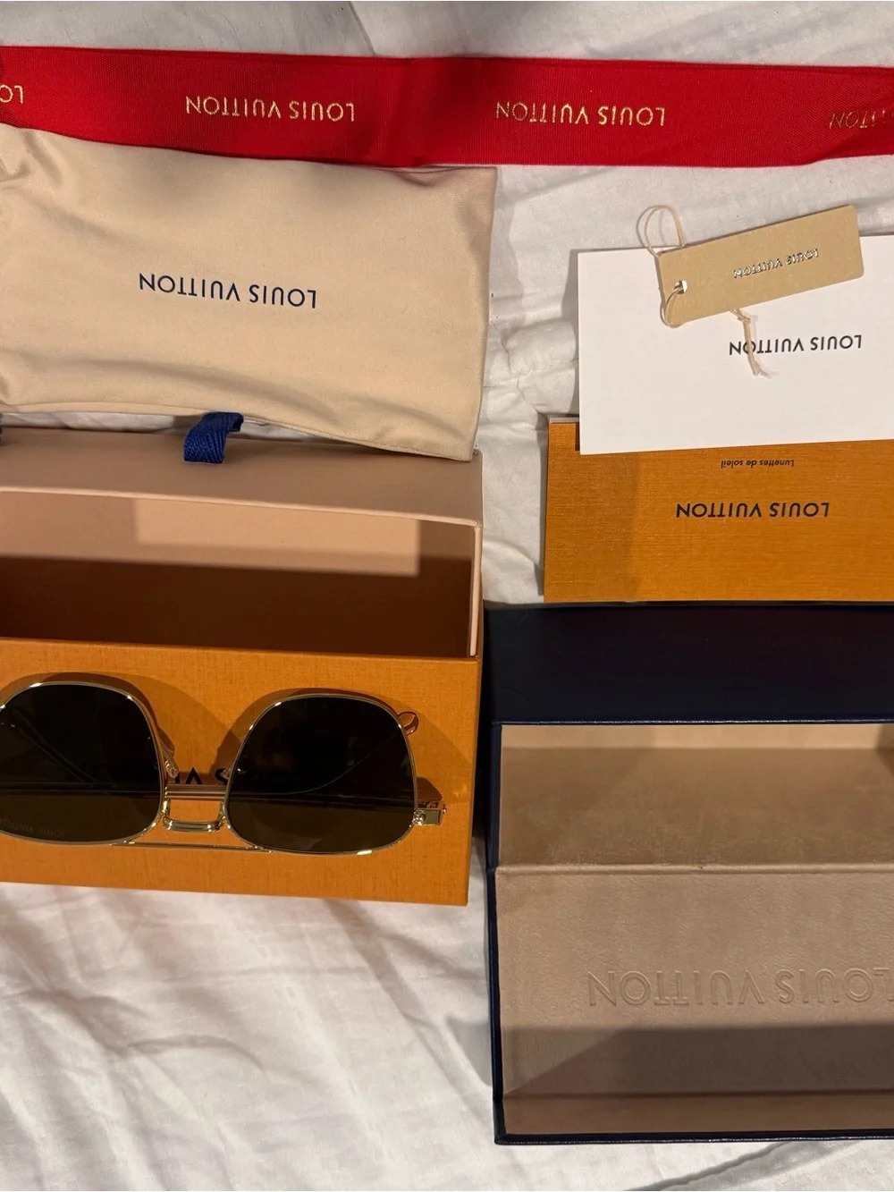Louis Vuitton Gold Frame Sunglasses with Dark Green Lenses and Orange Box